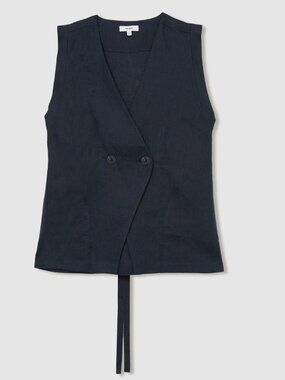 💙✨ Reiss Whitney 100% Linen Button-Front Waistcoat – Navy ✨💙